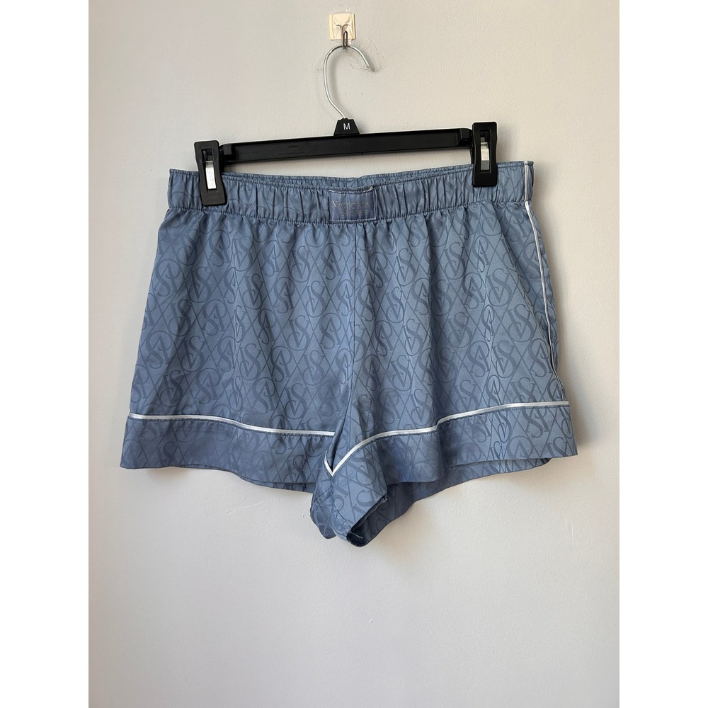 Victorias Secret Blue Satin Monogram Logo Pajama Shorts Medium Elastic Waist